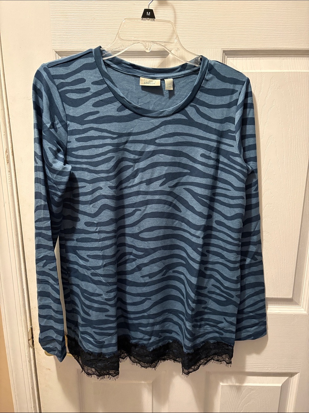 Logo by Lori Goldstein blue and black zebra French Terry top with black lace